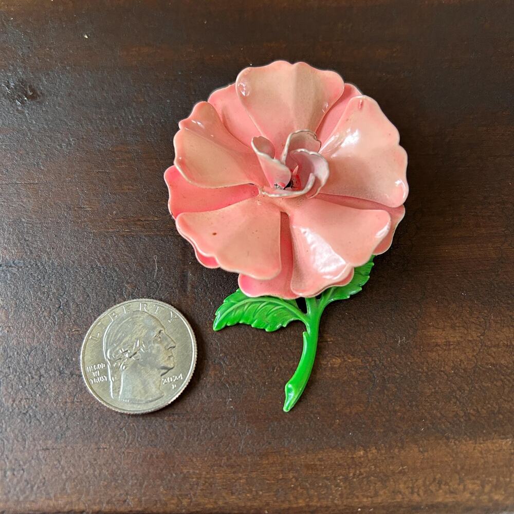 Vintage 60s Large Pink Enamel Flower Brooch Pin